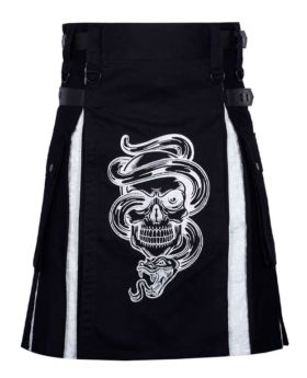 Schwarz-weißer Hybrid-Kilt mit Totenkopf-Print
